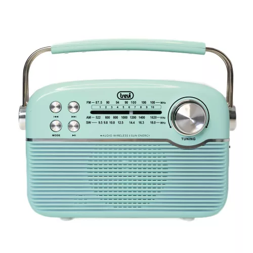 Trevi RA 7F50 BT Hordozható vintage napelemes rádió, Bluetooth-tal, USB és SD kártya bemenettel Tiffany zöld színben 