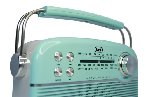 Trevi RA 7F50 BT Hordozható vintage napelemes rádió, Bluetooth-tal, USB és SD kártya bemenettel Tiffany zöld színben 