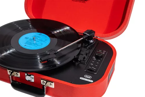 Trevi TT 1020 BT SALLY Red Hordozható retró bakelit lemezjátszó, USB-s zenerögzítéssel, beépített akkuval