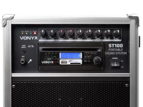 Vonyx ST-100 MK2 (8") 250W akkumulátoros hordozható hangfal (3xMik + MP3 + Bluetooth+ CD+ FM)