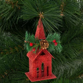   Family 58677A Karácsonyi glitteres templom akasztóval - 16 x 6,5 cm - piros