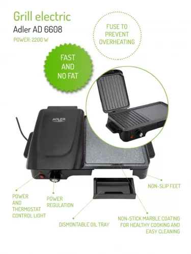 Adler AD6608 Elektromos Grillsütő, 2200W, Fekete