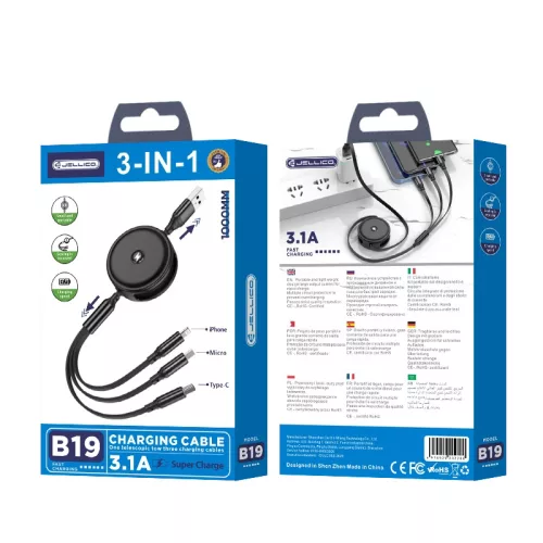 Jellico B19 3in1 USB kábel szett - micro USB / Lightning / USB-C 3.1A, 1,2m, fekete