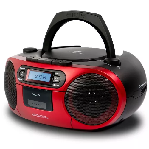 Aiwa BBTC-550RD Hordozható Retro Stílusú Kazetta, CD, MP3, USB, Bluetooth rádió, piros színben
