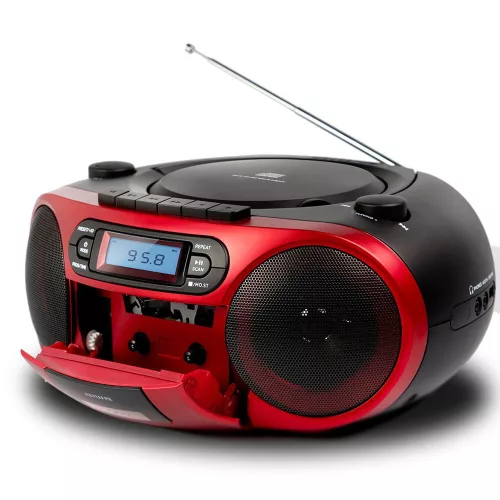 Aiwa BBTC-550RD Hordozható Retro Stílusú Kazetta, CD, MP3, USB, Bluetooth rádió, piros színben