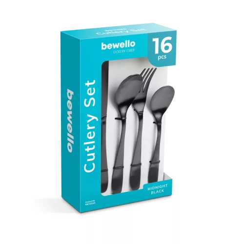 Bewello BW1022A Evőeszköz készlet - matt fekete - 16 részes