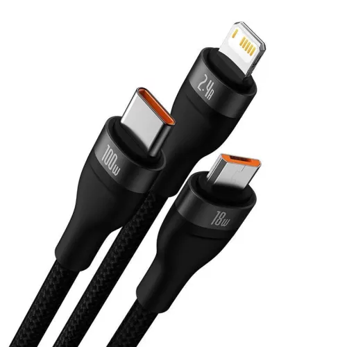 Baseus Flash Series 3 az 1-ben USB-kábel USB-C + micro USB + Lightning 100W 1.2m fekete (CASS030001)