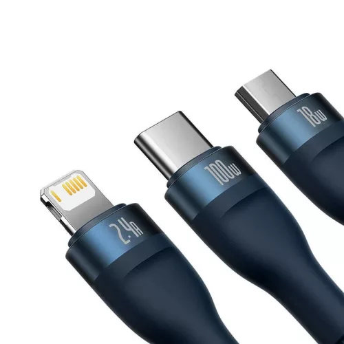 Baseus Flash Series 3 az 1-ben USB-kábel USB-C + micro USB + Lightning 100W 1.2m kék (CASS030003)