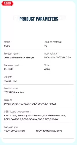 XO CE06 hálózati töltő USB-C 30W QC3.0 - Fehér