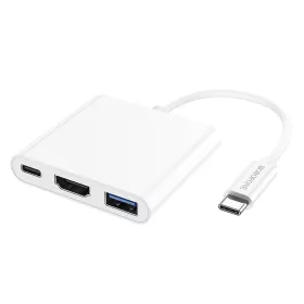   Borofone DH4, 3 hub, USB 3.1 C típusú - HDMI 4K átalakító, USB 3.0 és C típusú USB, fehér