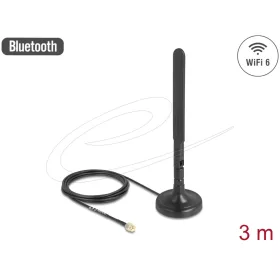   Delock WiFi 6-es antenna RP-SMA-dugó 3 dBi mindenirányú RG-174 csatlakozó kábellel 3 m, billenőcsuklóval és mágneses alappal, fekete színű (DL-10039)