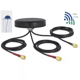   Delock LTE MIMO két sávos, kültéri, fekete WLAN 802.11 ac/ax/a/h/b/g/n antenna 3 db. SMA apa RG-174, (DL-12676)