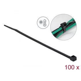   Delock Kábelkötöző ellenáll a forró hőmérsékletnek hossza 200 x szélessége 3,6 mm, 100 db. Fekete (DL-19353)