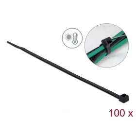   Delock Kábelkötöző ellenáll a forró hőmérsékletnek hossza 300 x szélessége 4,8 mm, 100 db. Fekete (DL-19556)