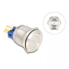   Delock Nyomógomb beszereléshez 22 mm 6 x forrasztási csatlakozó LED fehér bekapcsolási szimbólummal + gyűrű (DL-20986)