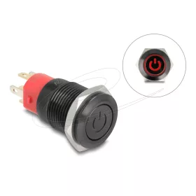   Delock Nyomó gomb beszereléshez fekete 16 mm 12 V 5 x forrasztási csatlakozás LED piros bekapcsolás szimbólum + gyűrű (DL-22013)