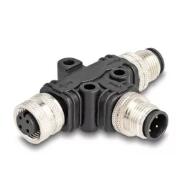   Delock M12 T-megosztó A-kódolt 4 tűs 1 x apa - 1 db. apa és 1 db. hüvely párhuzamos kapcsolással (DL-60580)