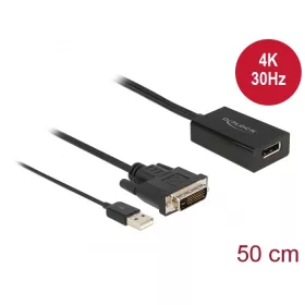   Delock Adapter DVI-dugós csatlakozó > DisplayPort 1.2-csatlakozóhüvely fekete 4K-hez HDR funkcióval (DL-63189)
