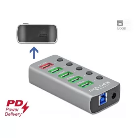   Delock USB 3.2 Gen 1 hub 4 porttal valamint 1 gyorstöltő porttal és 1 USB-C  PD 3.0 porttal kapcsoló (DL-63263)