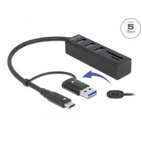   Delock 3 Port USB 3.2 Gen 1 Hub + SD és Micro SD kártyaolvasó USB Type-C  vagy A-típusú USB konnekto (DL-63859)