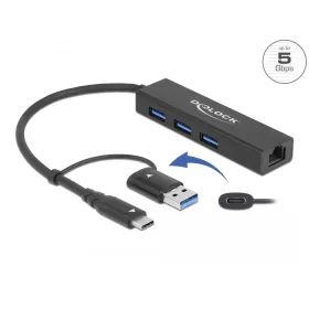  Delock 3 Port USB 3.2 Gen 1 Hub + Gigabit LAN USB Type-C  vagy A-típusú USB konnektorral (DL-64149)