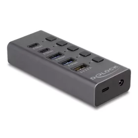   Delock Hub USB 5 Gbps 2 x A-típusú és 2 x USB Type-C  anya és 1 x gyorstöltő port + kapcsoló (DL-64248)