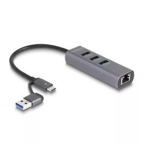  Delock 3 portos USB 5 Gbps Hub + Gigabit LAN USB Type-C  csatlakozóval vagy A-típusú USB csatlakozóval fém vázban (DL-64282)