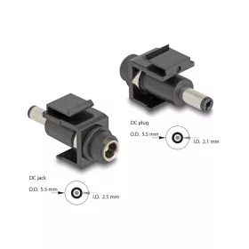   Delock Keystone modul, DC 5,5 x 2,5 mm-csatlakozóhüvely, DC 5,5 x 2,1 mm méretű apa, fekete (DL-84164)