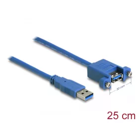   Delock Kábel, USB 3.0-s A típusú bementi csatlakozós > USB 3.0-s A-típusú csatlakozóhüvely, panelrögzítés, 25 cm (DL-86994)