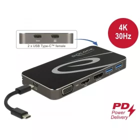   Delock USB Type-C  3.2 dokkolóállomás 4K HDMI DP / 1080p VGA, USB Hub és PD 3.0 (DL-87773)