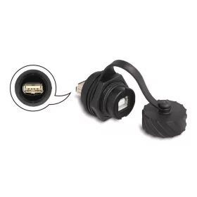   Delock Kábel csatlakoztató USB 2.0 B-típusú anya   USB 2.0 A-típusú anya installálásra IP68 por és víz elleni védő bajonettzá kalappal fekete (DL-88010)