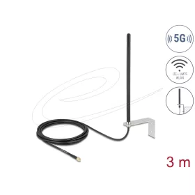   Delock 5G LTE Antenna SMA apa csatlakozóval 3 - 5 dBi mindenirányban rögzíthető, csatlakozó kábellel RG-174, 3 m, falra szerelhető, kültéri, fekete (DL-96089)
