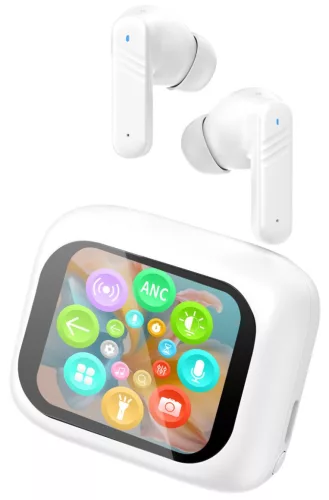 Trevi EAR 100 AID Bluetooth fülhallgató AI fordítással, érintőképernyős kijelzővel, fehér színben