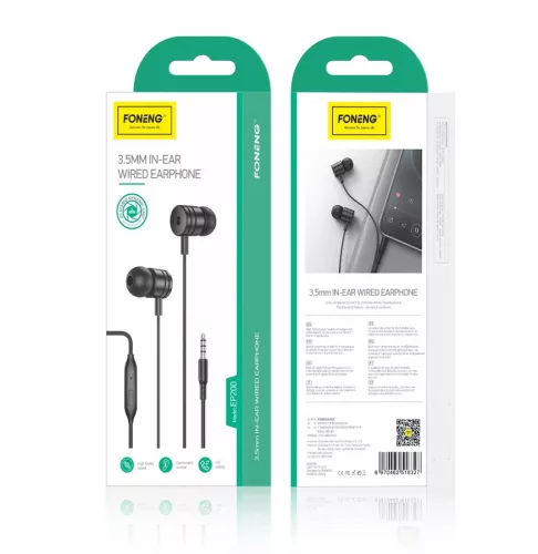 FONENG vezetékes fülhallgató EP200 JACK 3.5MM mikrofonnal 1,2m, fekete