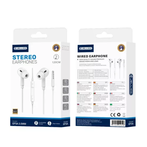 JELLICO vezetékes fülhallgató EP3A JACK 3.5MM mikrofonnal 1.2m fehér