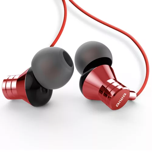 Aiwa ESTM-50RD Kompakt Stílus és Kivételes Hangzás Egyetlen Fülhallgatóban, mikrofonnal, piros színben