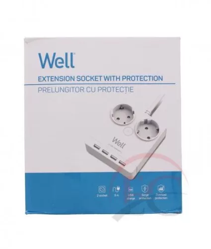 Well EXTS-2S3M-PROT/USB4-WL Kettő férőhelyes földelt kapcsolós elosztó + 4x USB