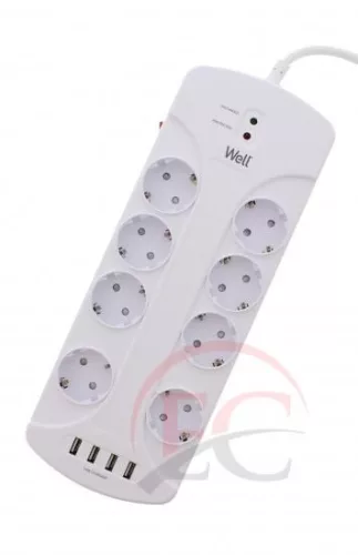 Well EXTS-8S3M-PROT-USB4-WL Nyolc férőhelyes földelt kapcsolós elosztó + 4x USB