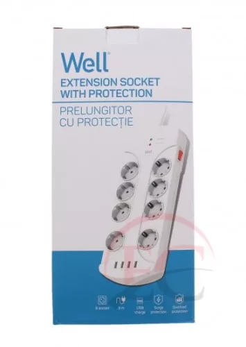 Well EXTS-8S3M-PROT-USB4-WL Nyolc férőhelyes földelt kapcsolós elosztó + 4x USB
