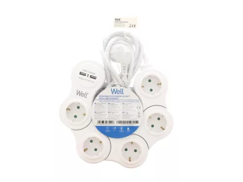 Well EXTSR-5S3M-USB-WL Öt férőhelyes forgatható földelt kapcsolós elosztó, 3m