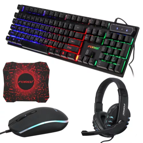 FOREV FV-Q0809 4 az 1 ben gamer csomag, magyar nyelvű led gamer billentyűzet, egér, fejhellagató és egérpad