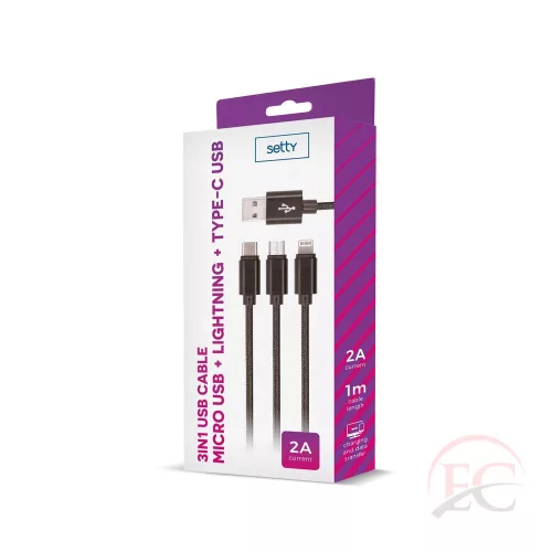 Setty GSM 043225 3 az 1-be usb kábel (micro-usb+lightning+type-c) fekete