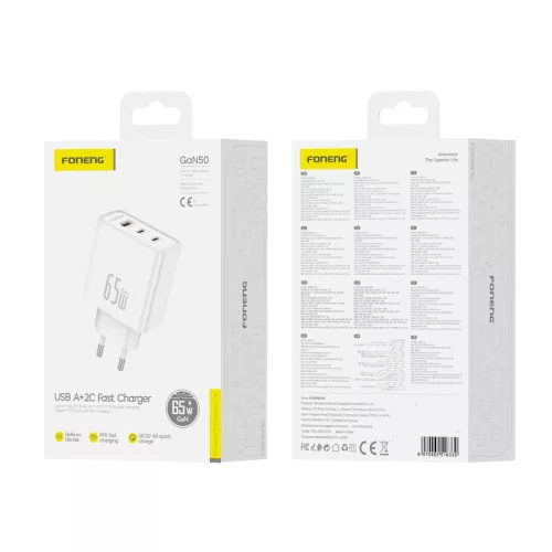 Foneng falitöltő Gan50-EU GaN PD 65W 2xUSB-C + 1xUSB QC3.0, fehér