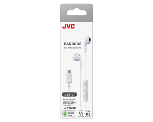 JVC HA-FR17UCWU USB-C fülhallgató mikrofonnal, fehér, 10,7 mm neodímium hangszóró, IPX2, vezérlő