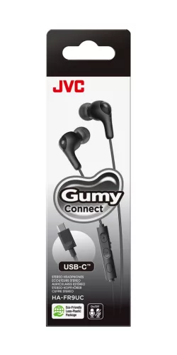 JVC HA-FR9UC-B vezetékes fülhallgató USB-C csatlakozóval, mikrofonnal és vezérlővel, 4 méretű szilikon gumiharanggal