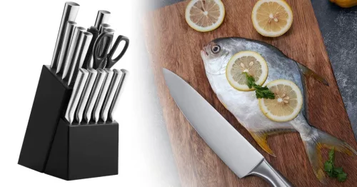 Timeless Gourmet 16 részes rozsdamentes késkészlet fa tartóban, élezővel, ollóval (HOP1001549)