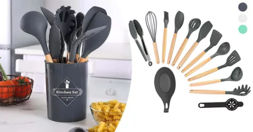 Timeless Gourmet 14 darabos konyhai eszközkészlet, hőálló szilikon fejjel, tartóval, türkiz (HOP1001658-3)