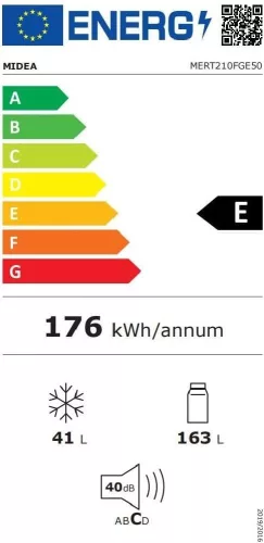 Midea MERT210FGE50 felülfagyasztós hűtőszekrény, 163/41 liter, 40dB, ezüst