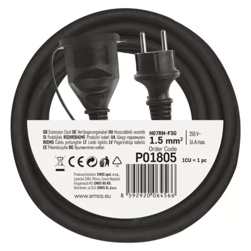 Emos P01805 Kültéri hosszabbító 5 m / 1 aljzat / fekete / gumi-neoprén / 250 V / 1,5 mm2