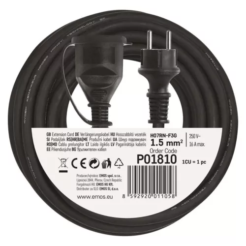 Emos P01810 Hosszabbító 10 m / 1 aljzat / fekete / gumi-neoprén / 250 V / 1,5 mm2